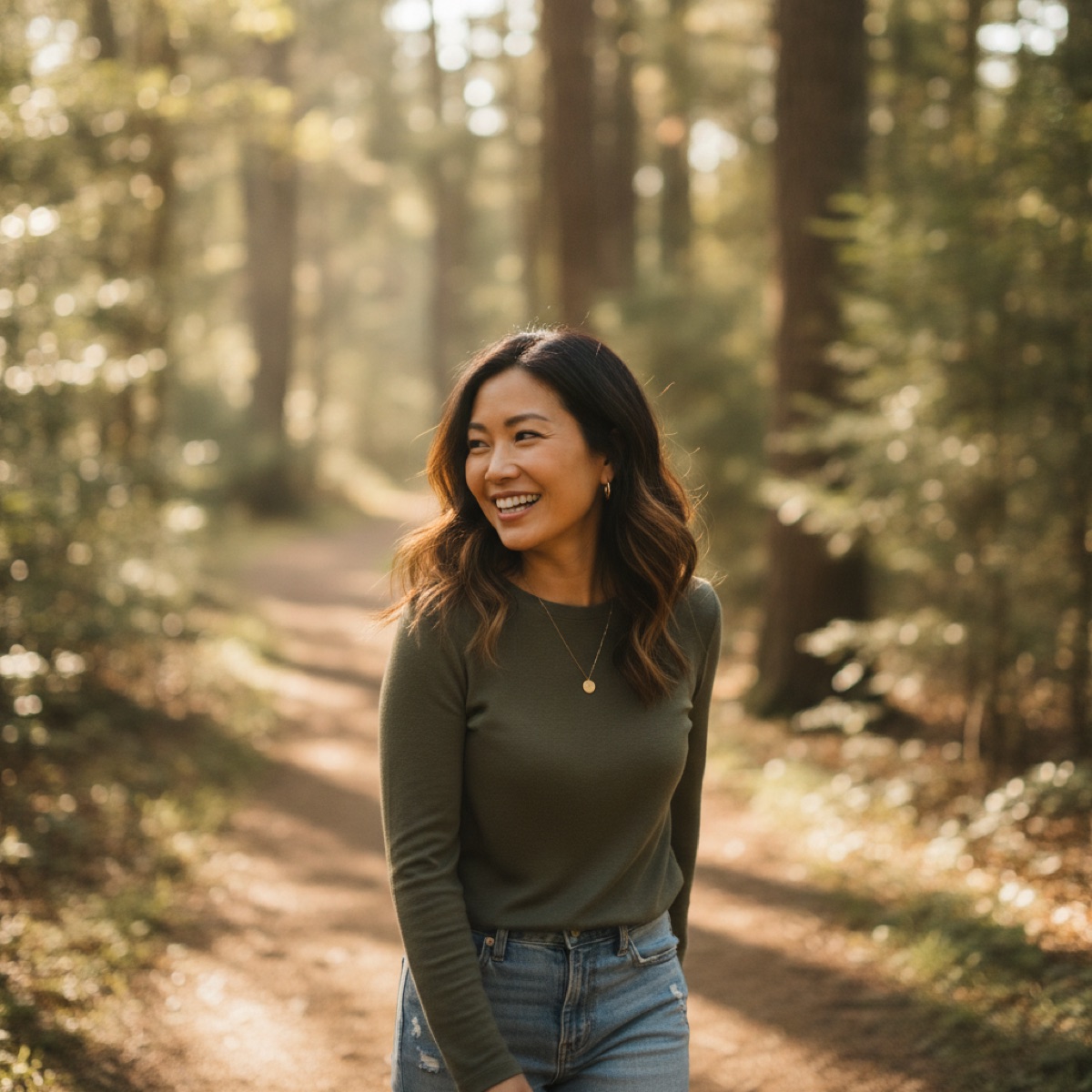 Maya Chen on a sunlit forest trail
